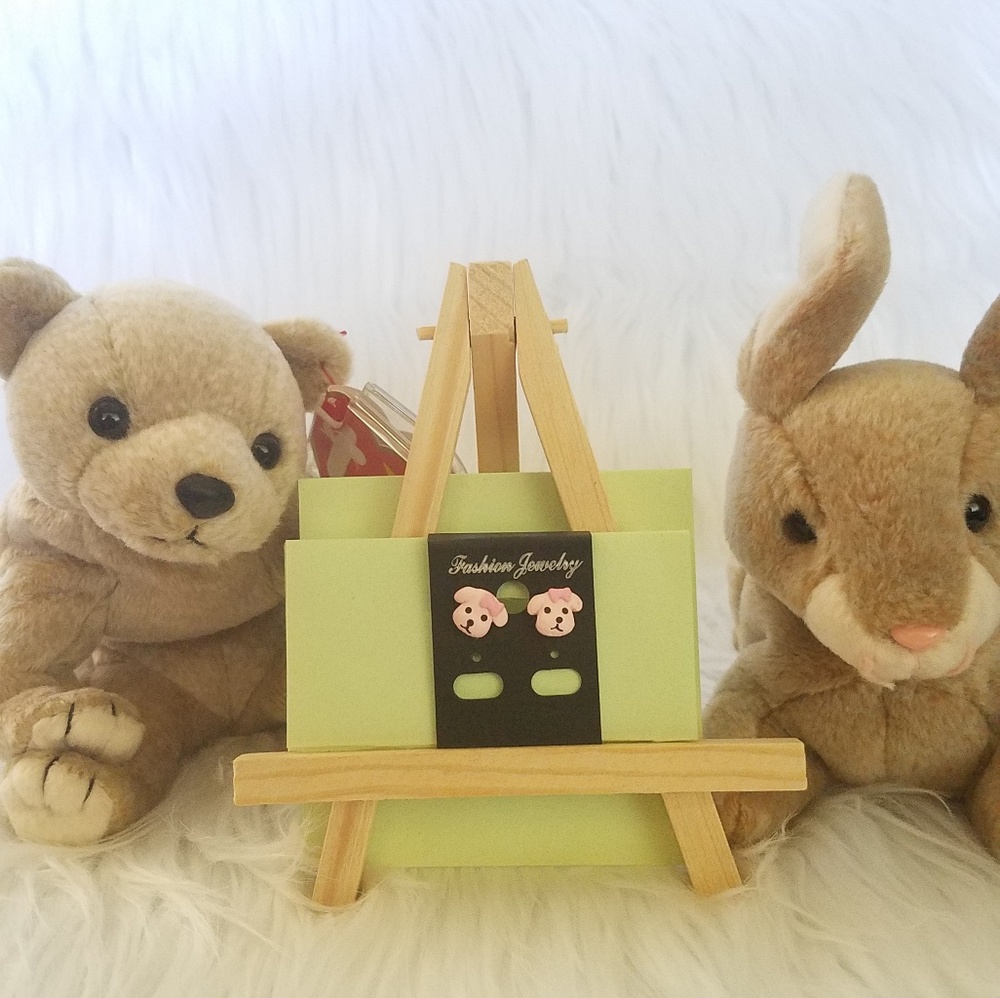 Childrens handmade and painted pink puppy earrings